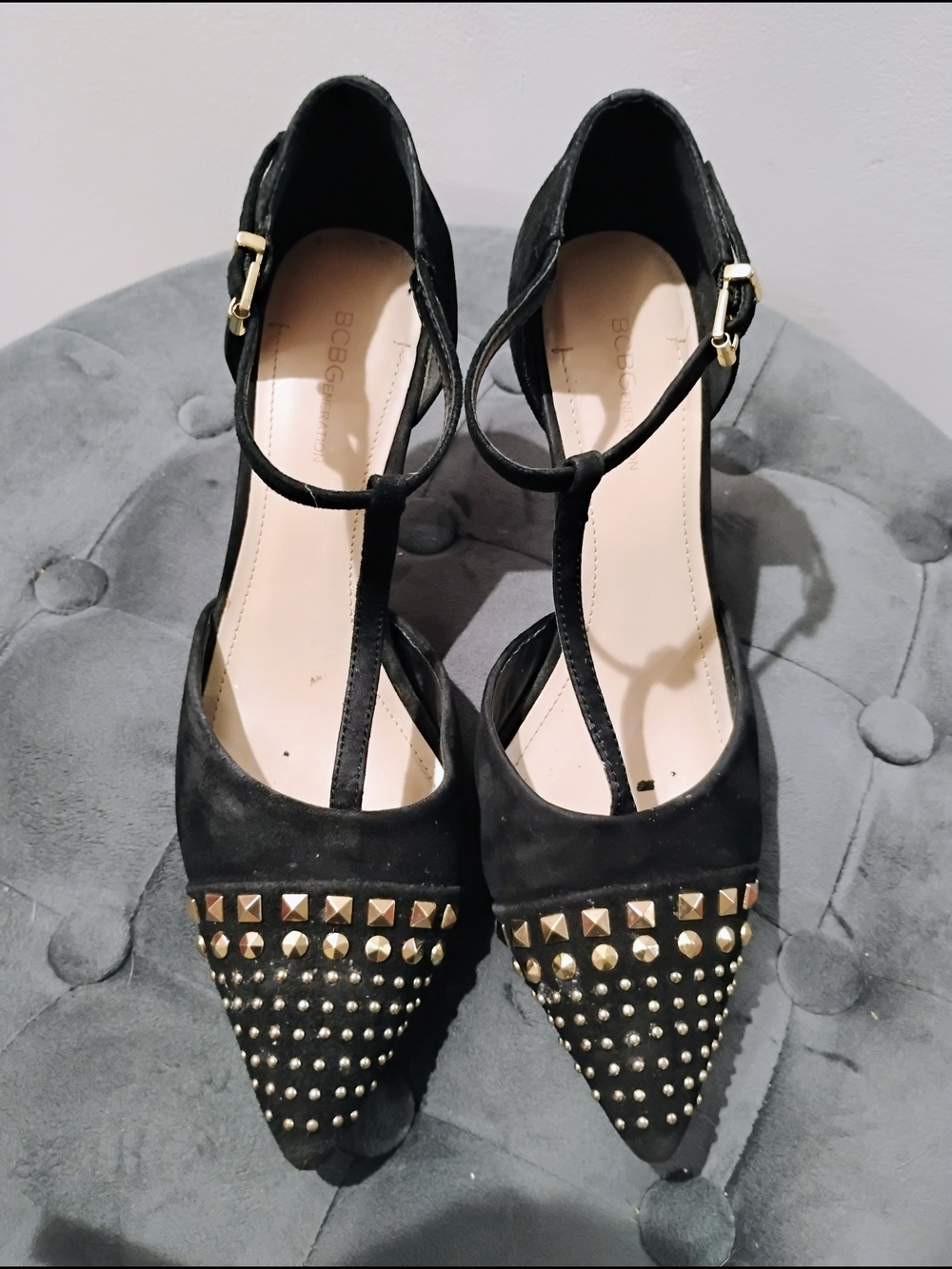 BCBG Generation Black Goldtone Studded Pointed-Toe T-Strap Heels